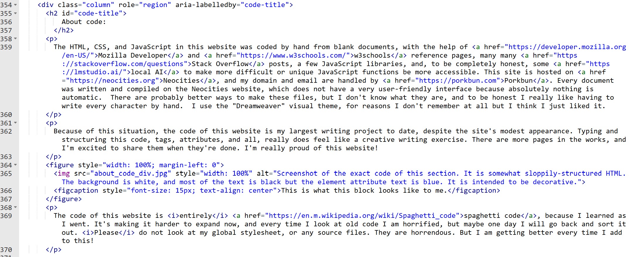 Screenshot of the exact code of this section. It is somewhat sloppily-structured HTML. The background is white, and most of the text is black but the element attribute text is blue. It is intended to be decorative.