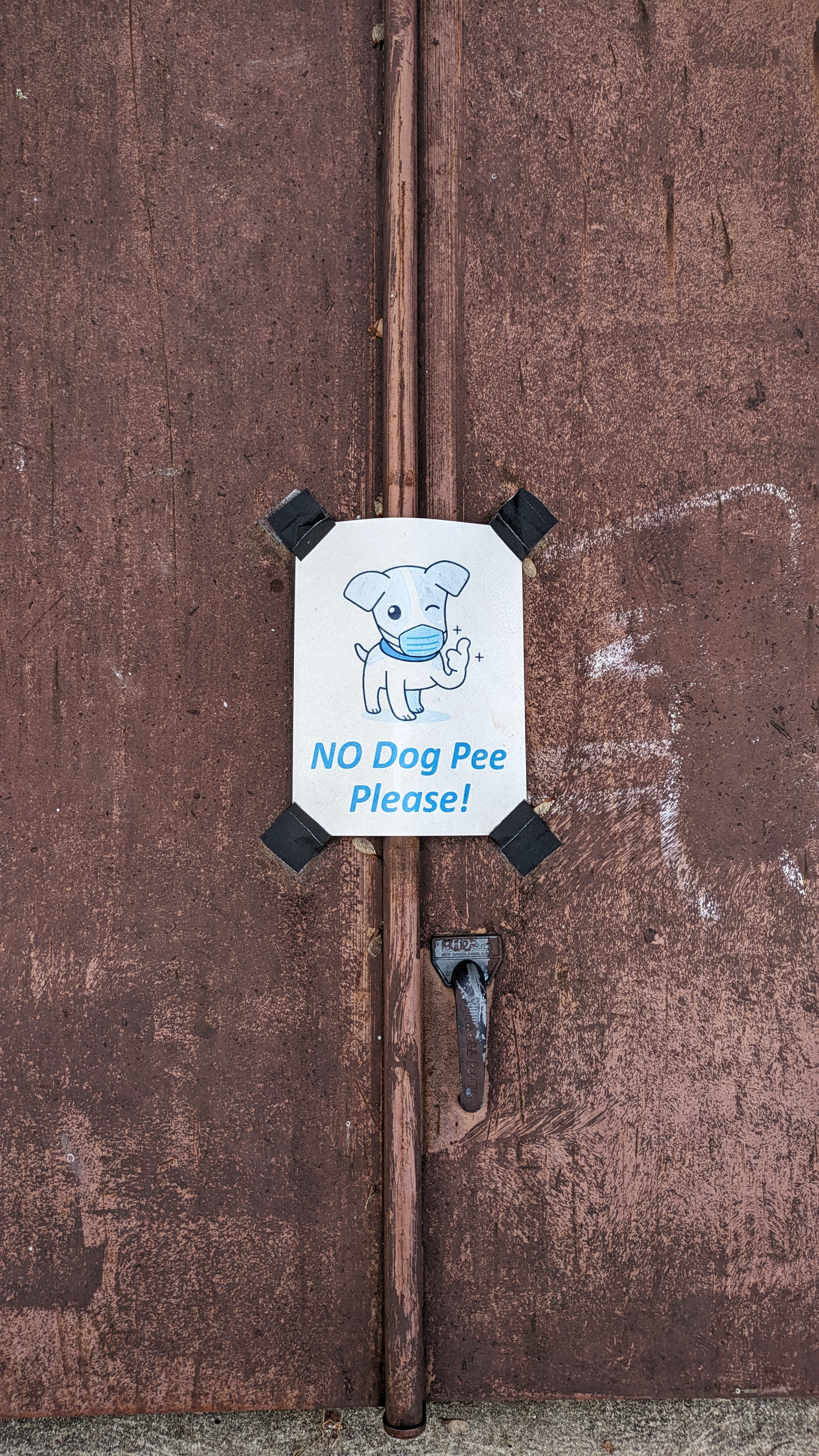 Photograph of the same basement doors with a different sign taped to it, this one featuring a cartoon dog wearing a surgical mask and giving a thumbs up, and text that reads NO Dog Pee Please!